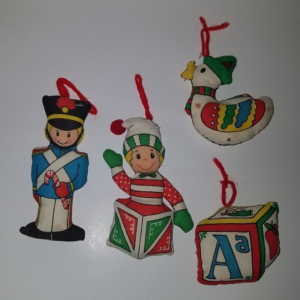 VTG Fabric Christmas Ornament Lot Soldier Jack in Box Block Duck Handmade AS IS